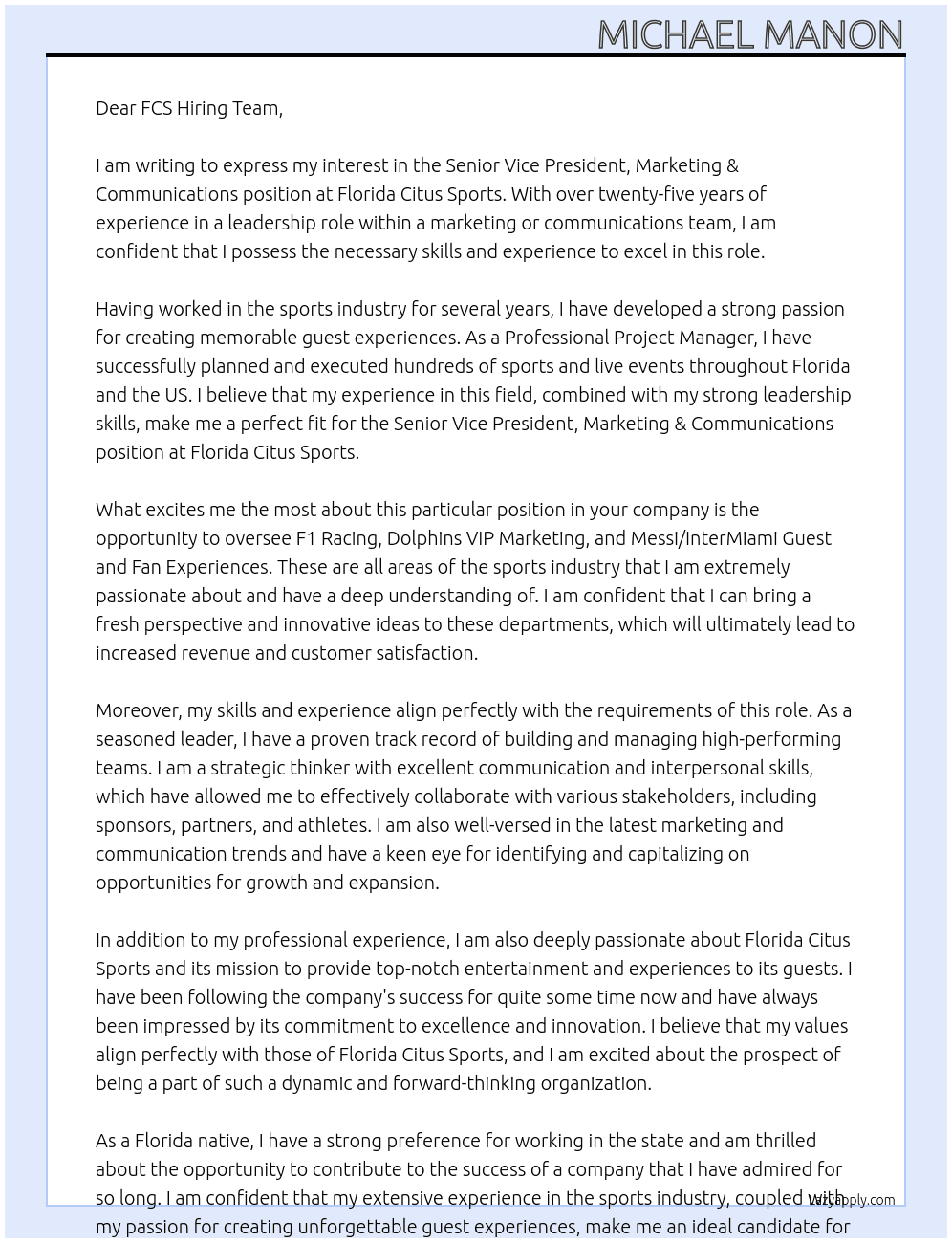 Senior Vice President, Marketing & Communications At Florida Citus Sports Cover Letter