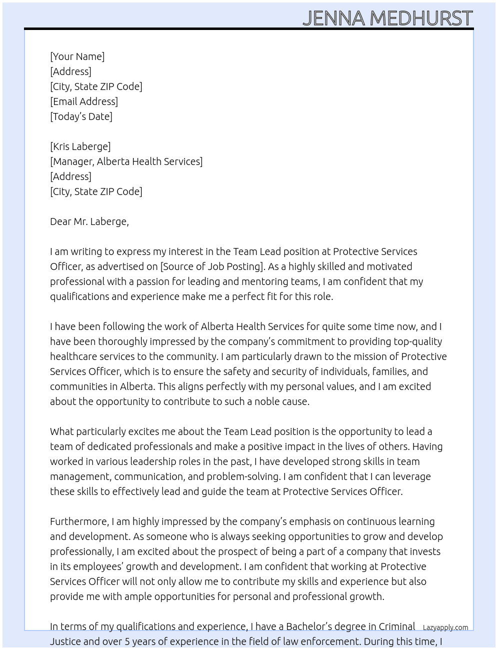 Team Lead At Protective Services Officer Cover Letter