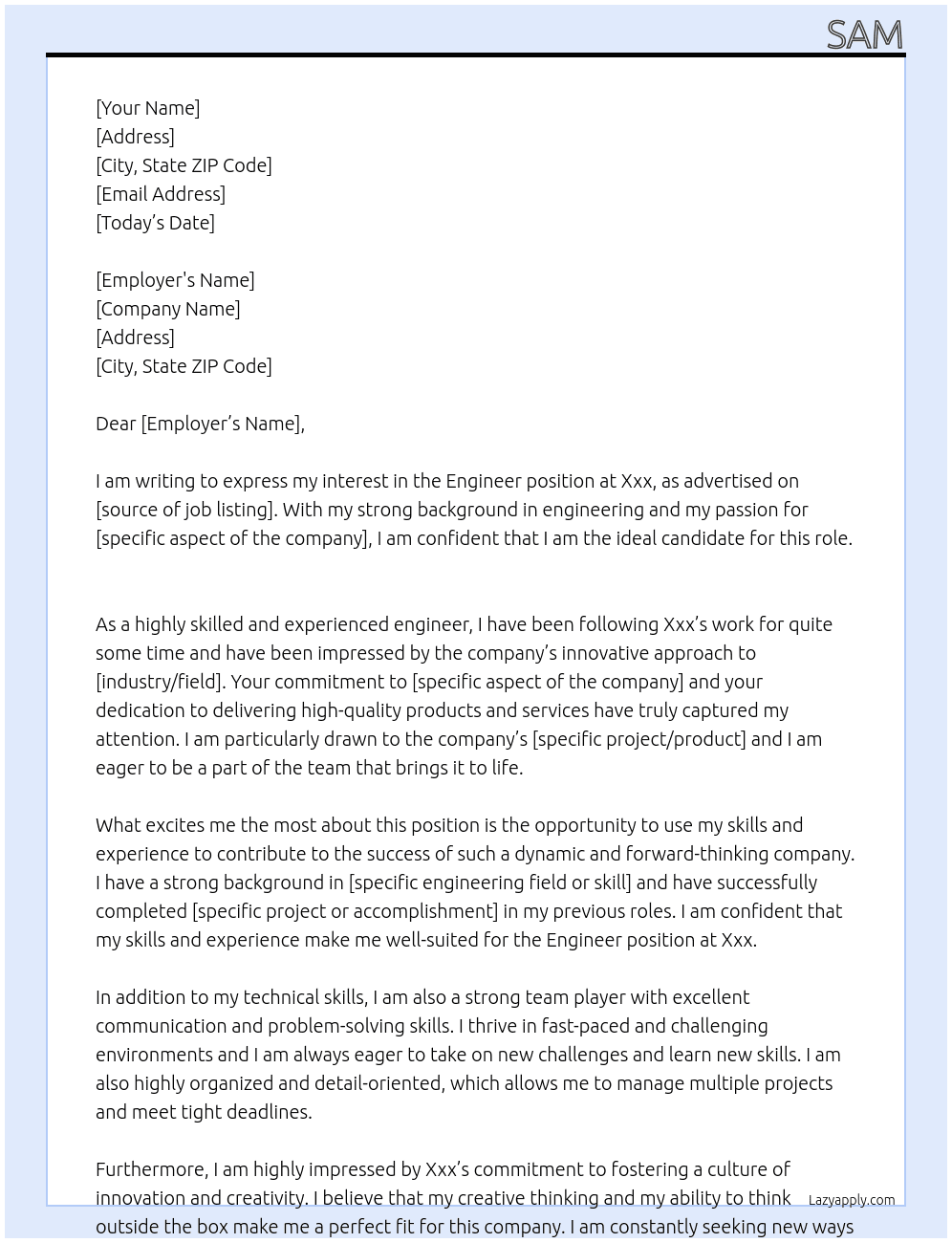 Engineer At Xxx Cover Letter