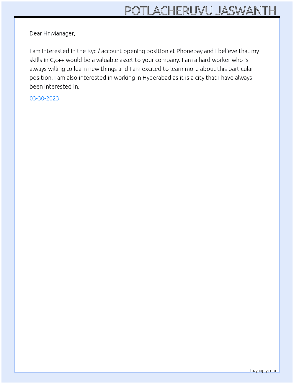 Kyc / account opening  At Phonepay Cover Letter