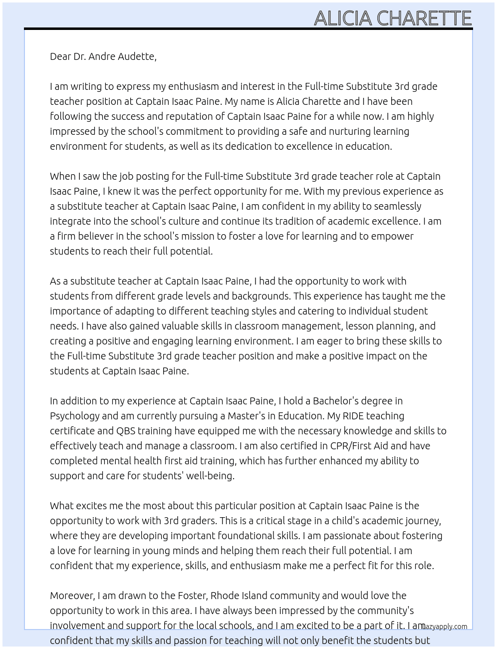 Full-time Substitute 3rd grade teacher At Captain Isaac Paine Cover Letter