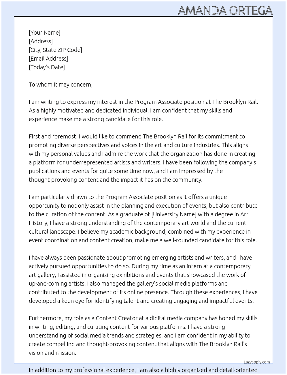 Program Associate Application At The Brooklyn Rail Cover Letter