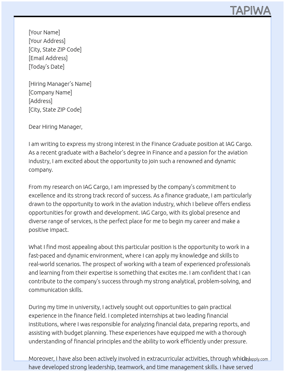 Finace Graduate At IAG Cargo Cover Letter