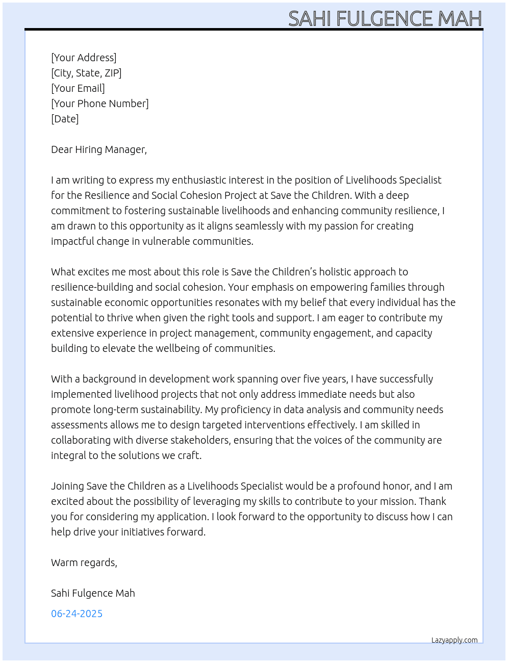 Cover letter for livelihoods specialist for the resilience and social cohesion  project - LazyApply