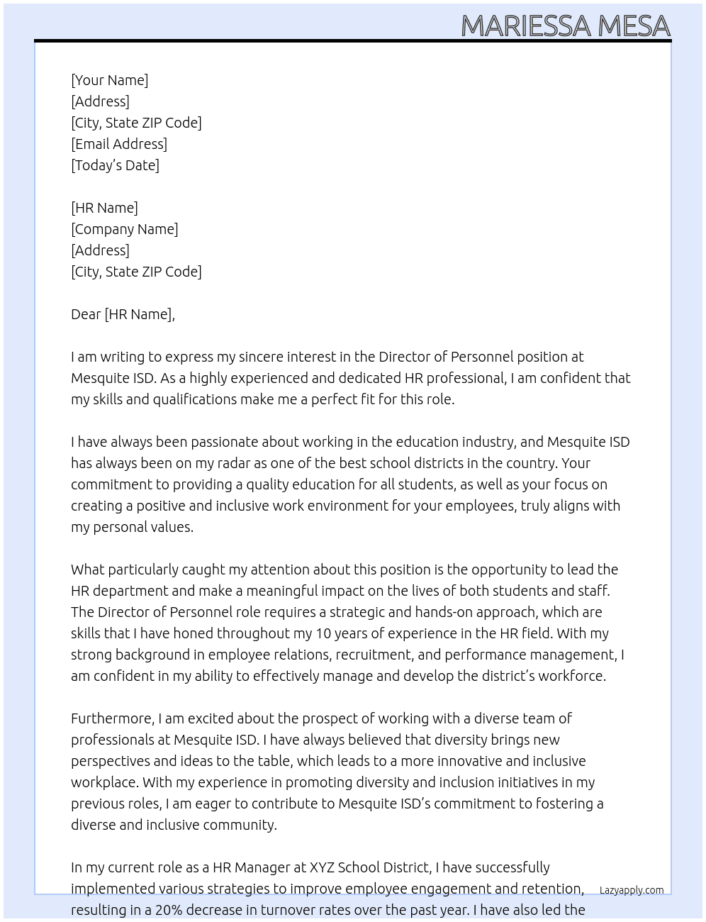 Director of Personnel At Mesquite ISD Cover Letter
