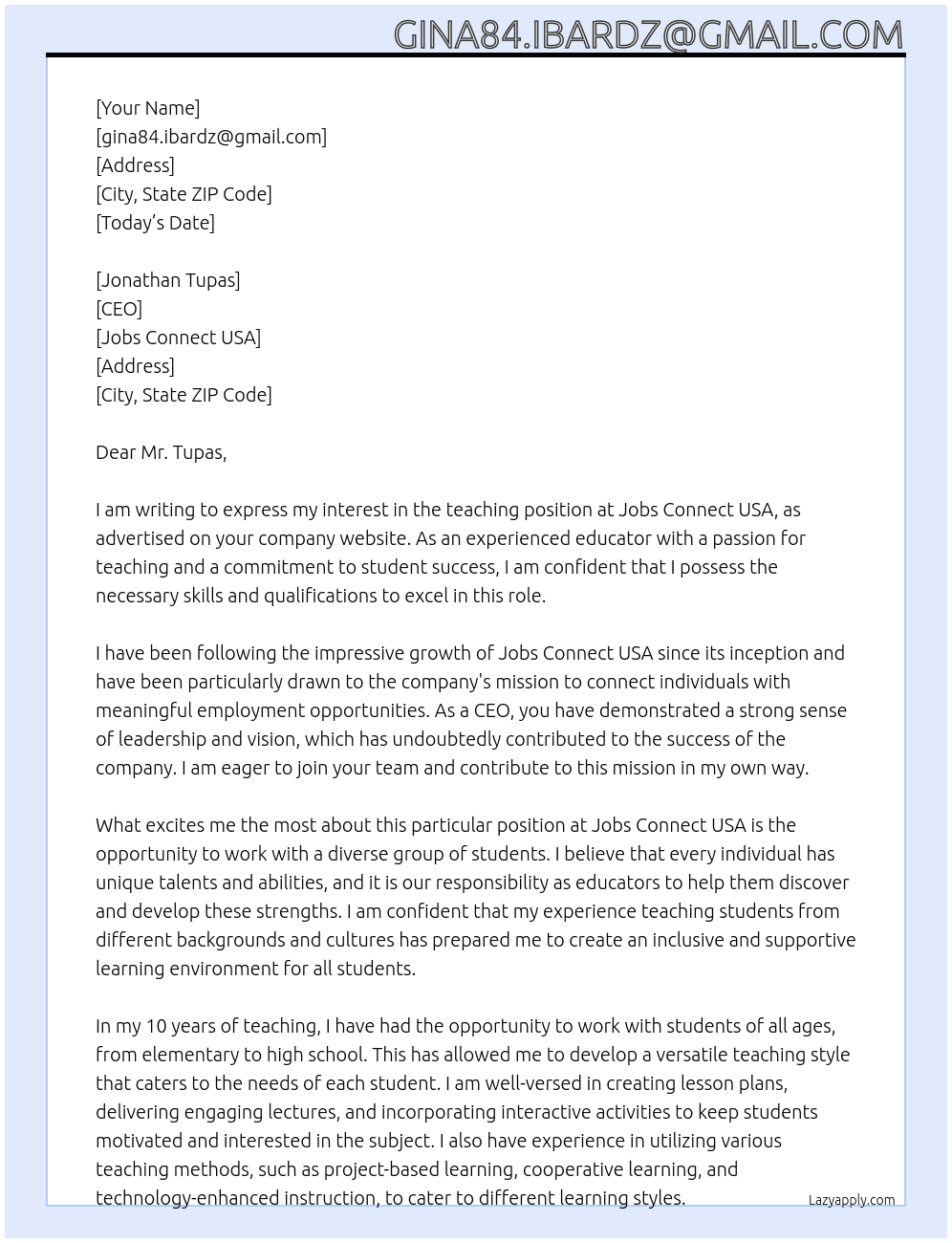 Teaching At Jobs Connect USA Cover Letter