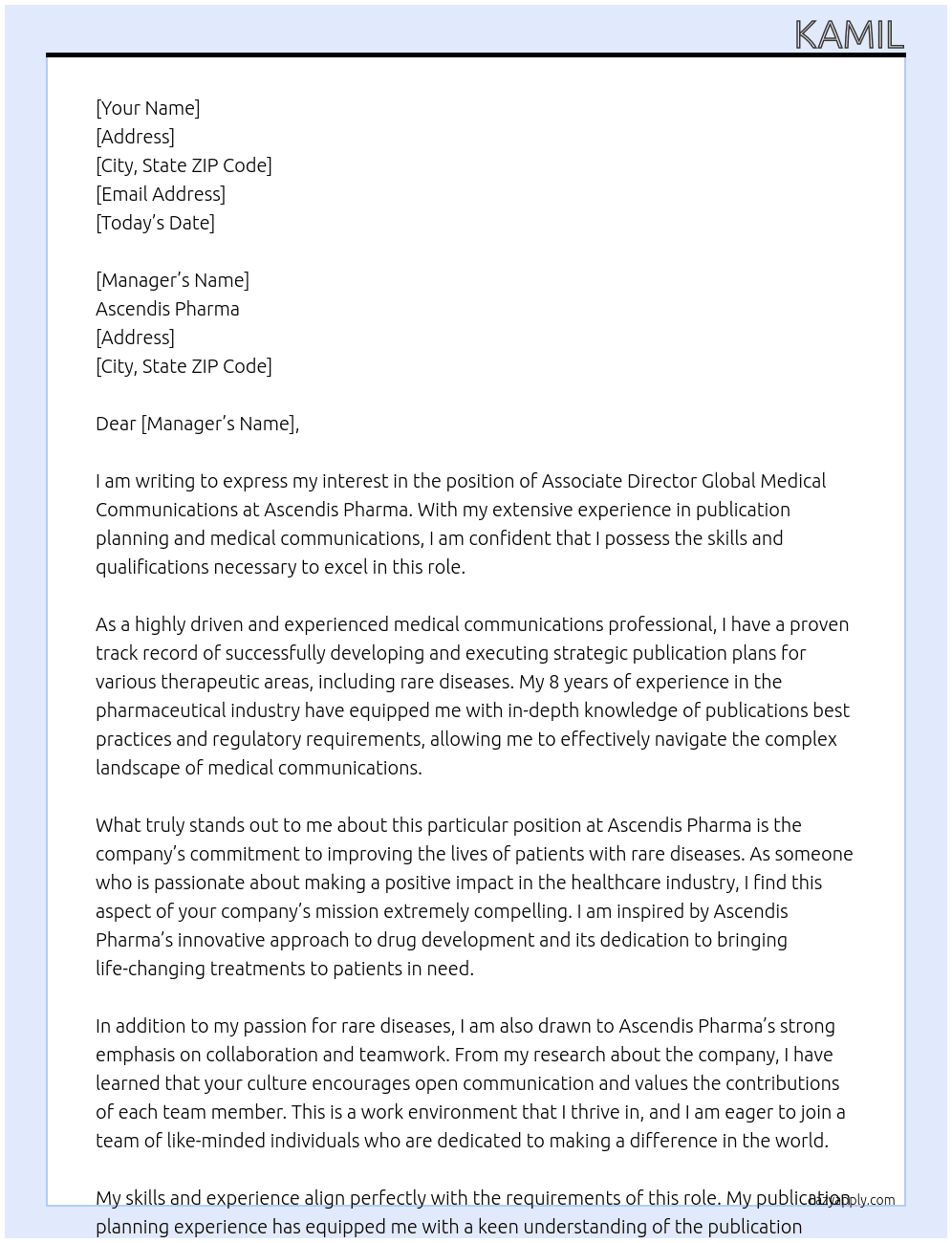 Associate Director Global Medical Communications At Ascendis Pharma Cover Letter