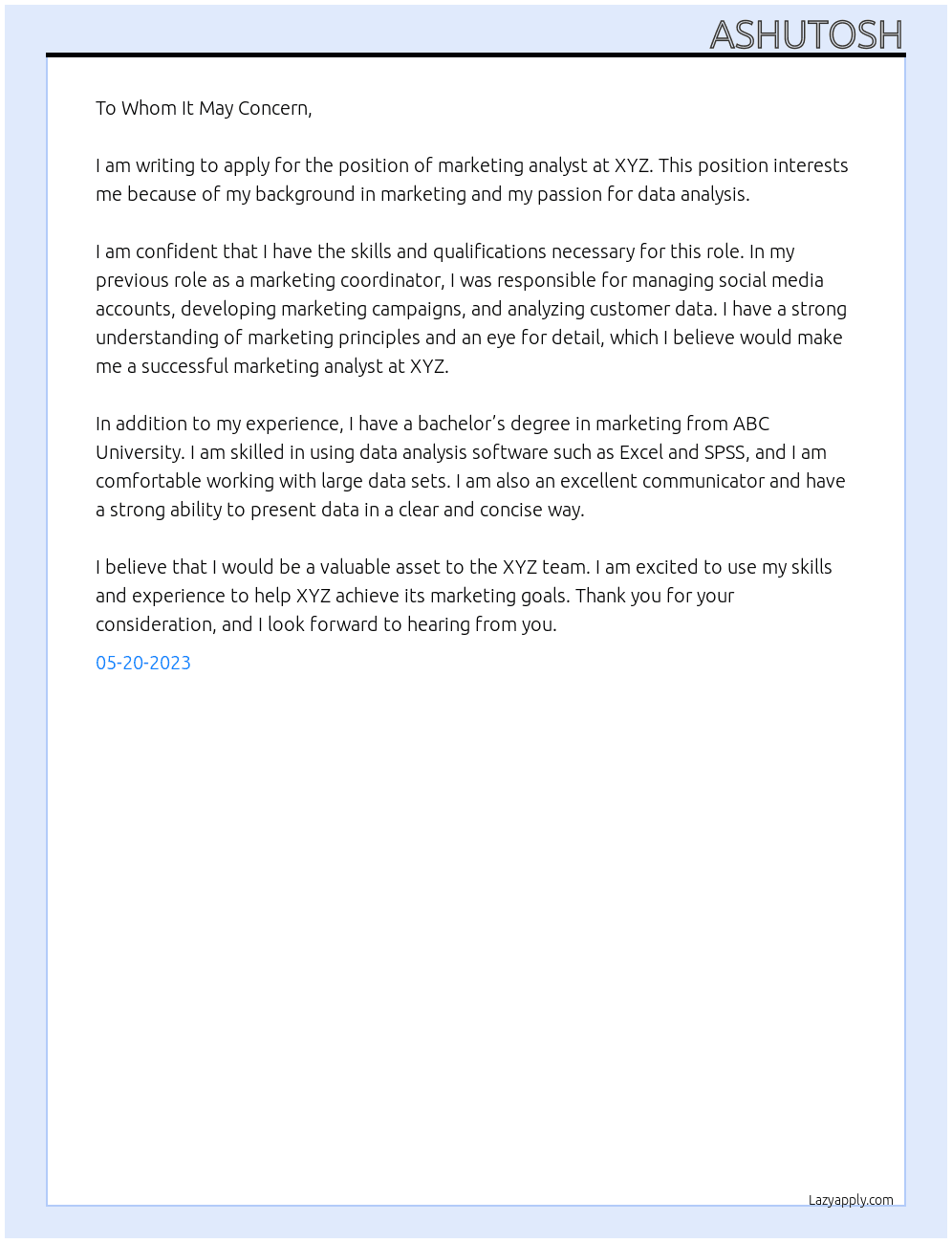 marketing analyst At xyz Cover Letter
