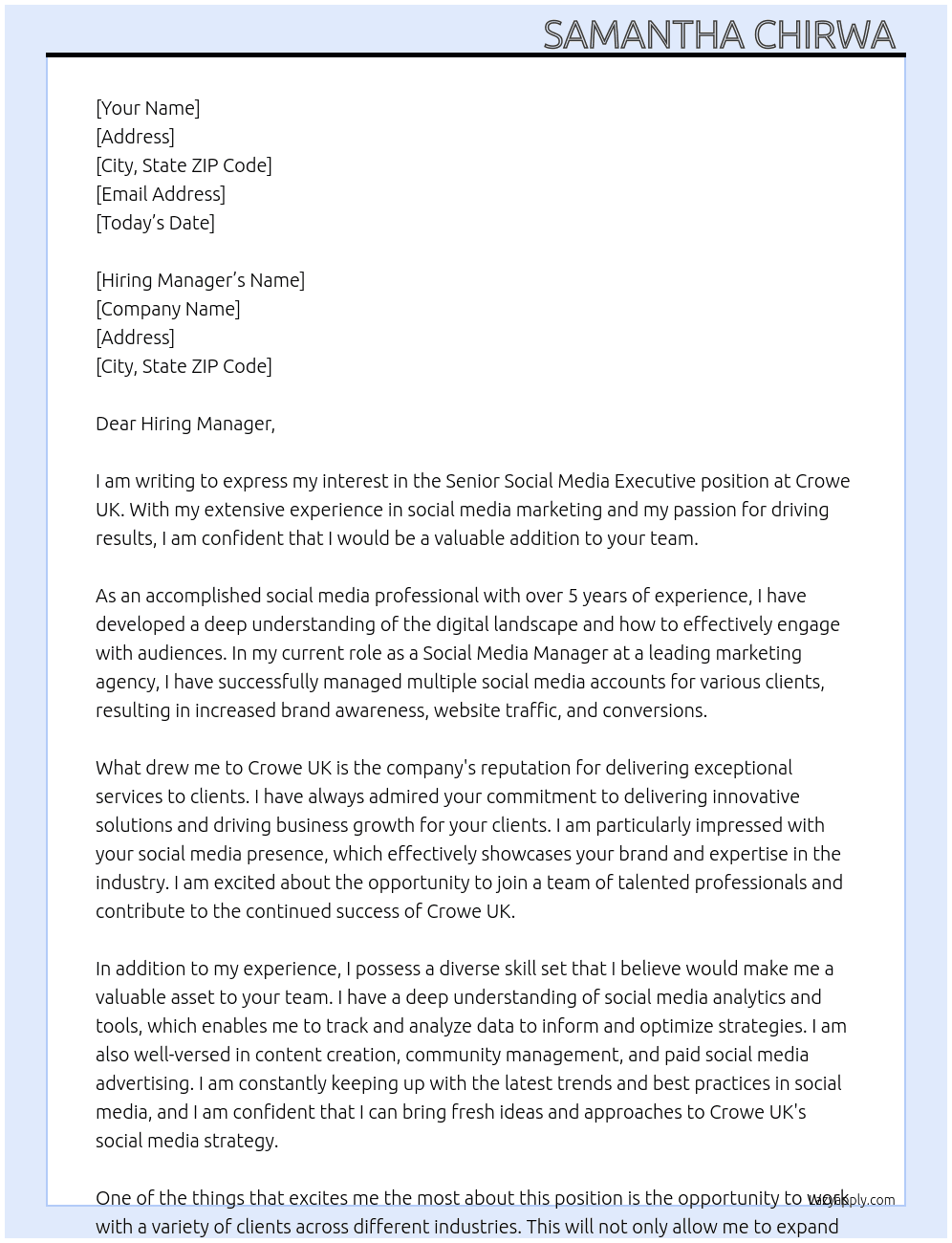 Senior Social Media Executive  At Crowe UK Cover Letter