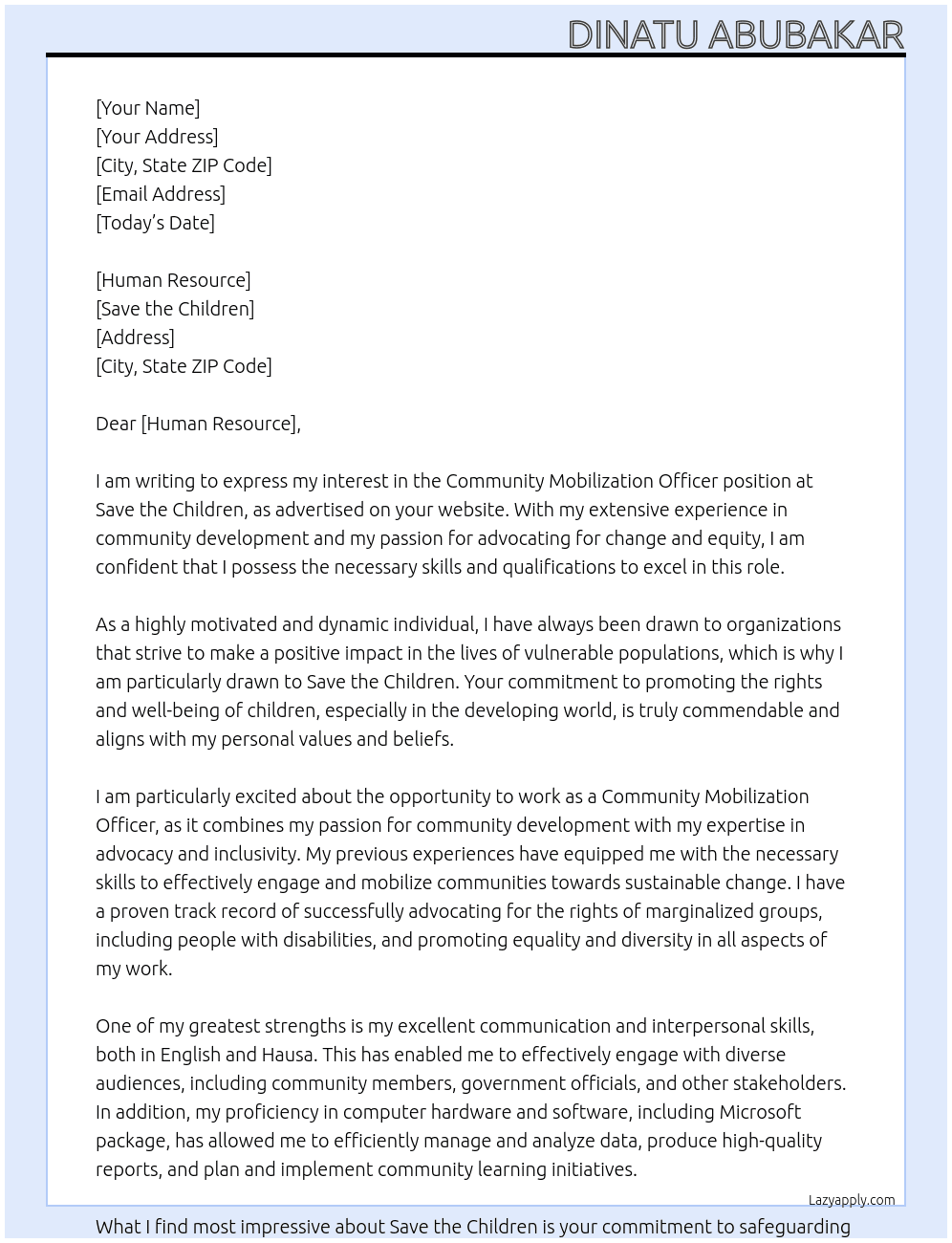 community mobilization officer At Save the children Cover Letter