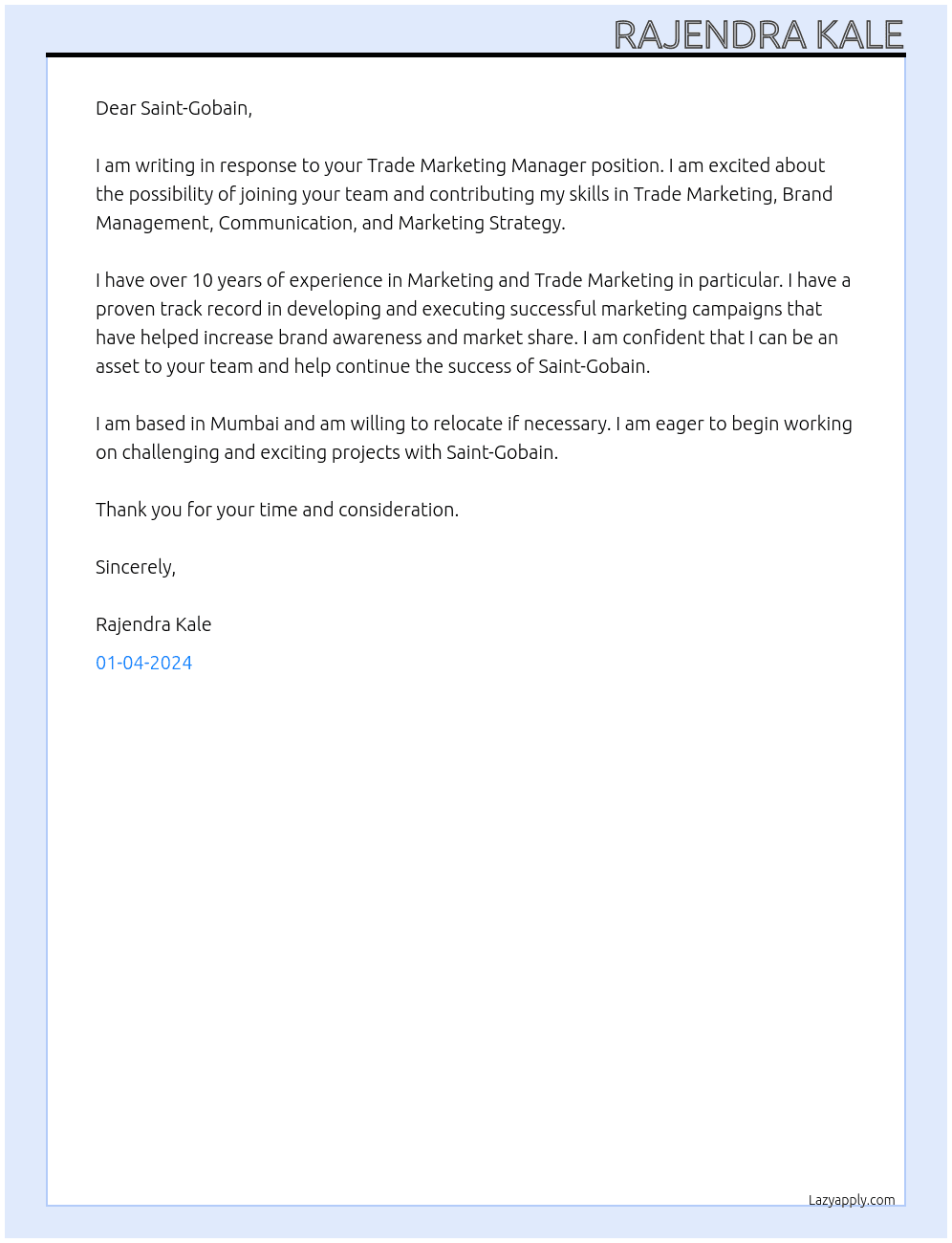Trade Marketing Manager At Saint-Gobain Cover Letter