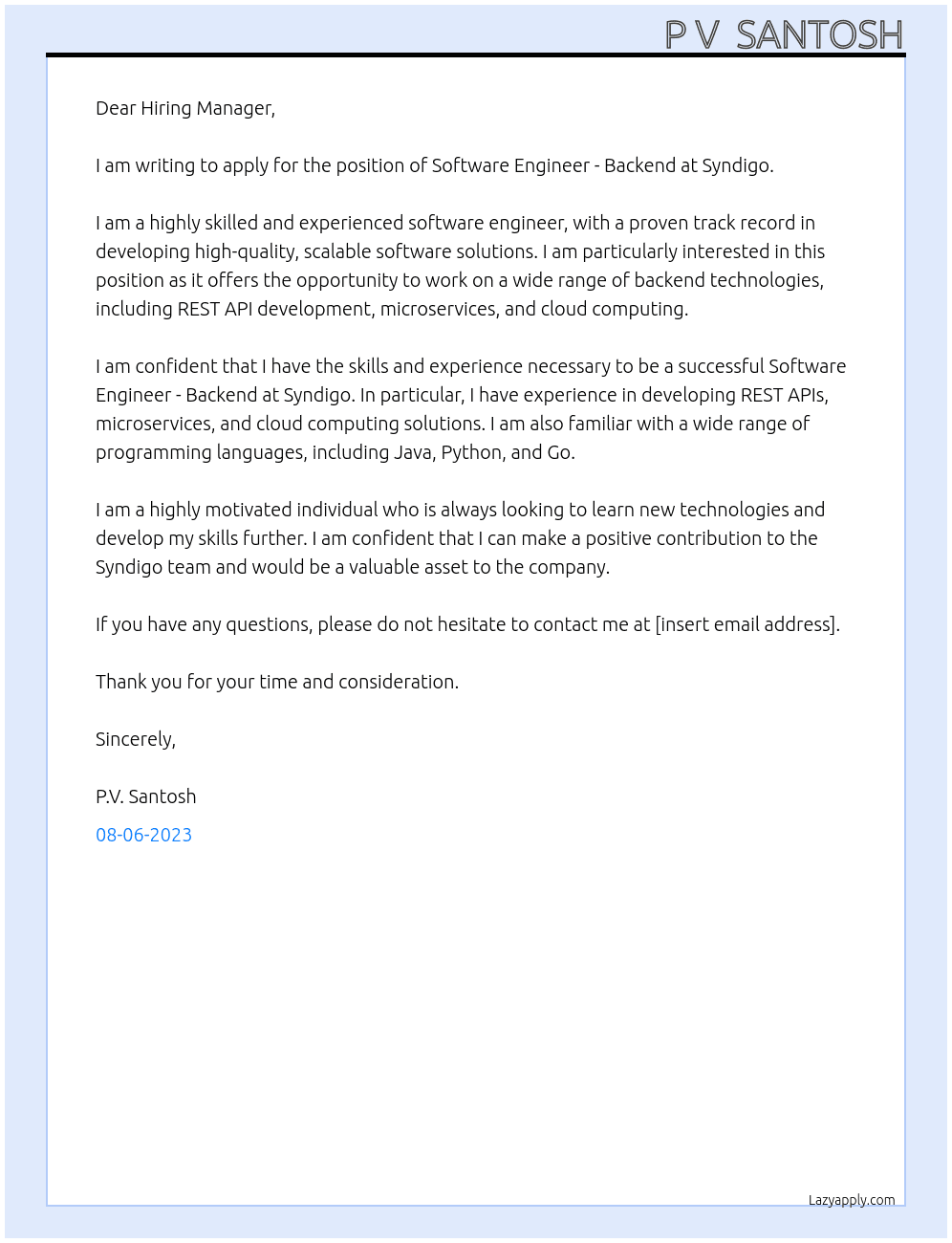 Software Engineer - Backend At Syndigo Cover Letter