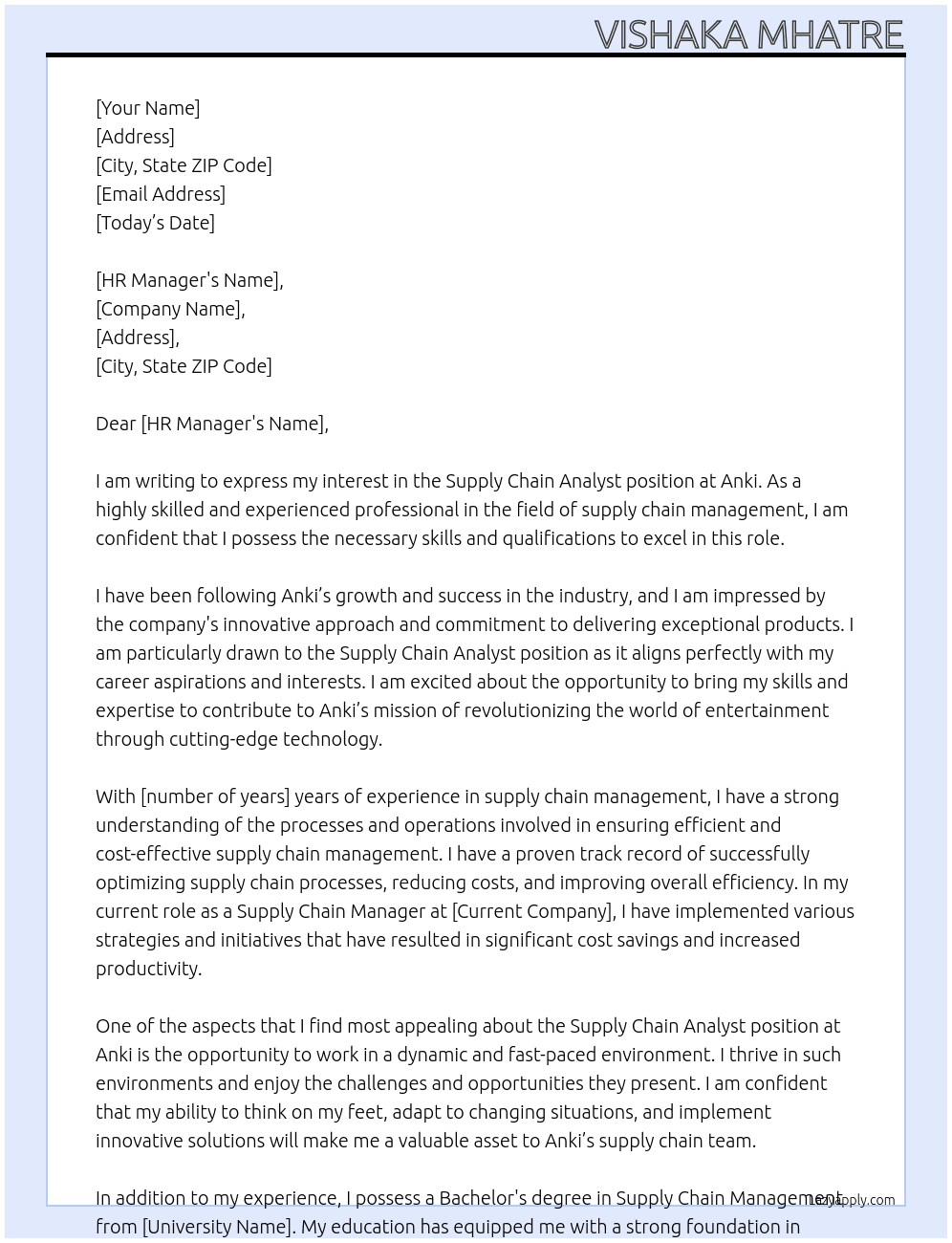 Supply Chain Analyst  At Anki Cover Letter