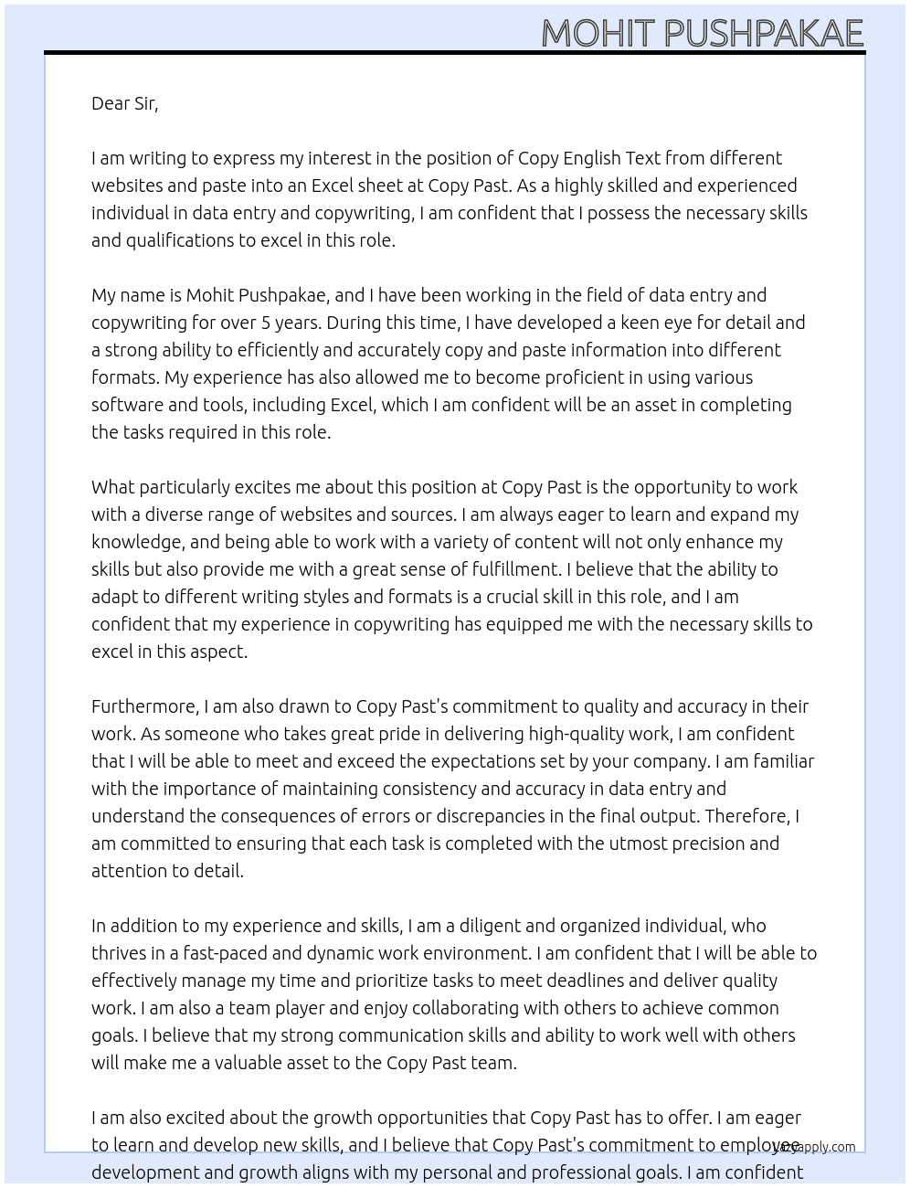 Copy English text from different websites and paste into an excel sheet At Copy past Cover Letter