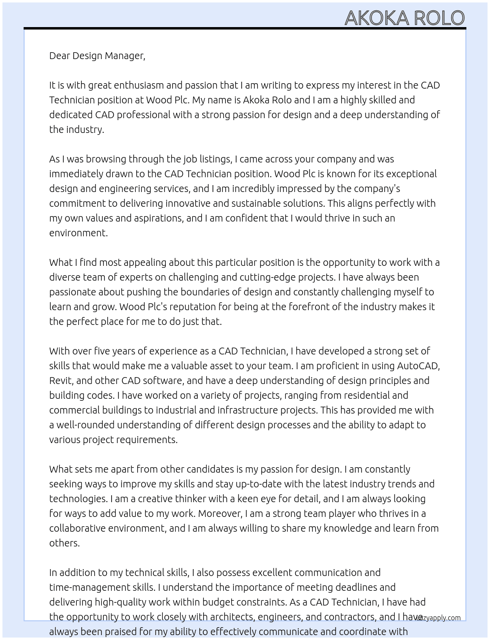 cad technician At Wood Plc Cover Letter