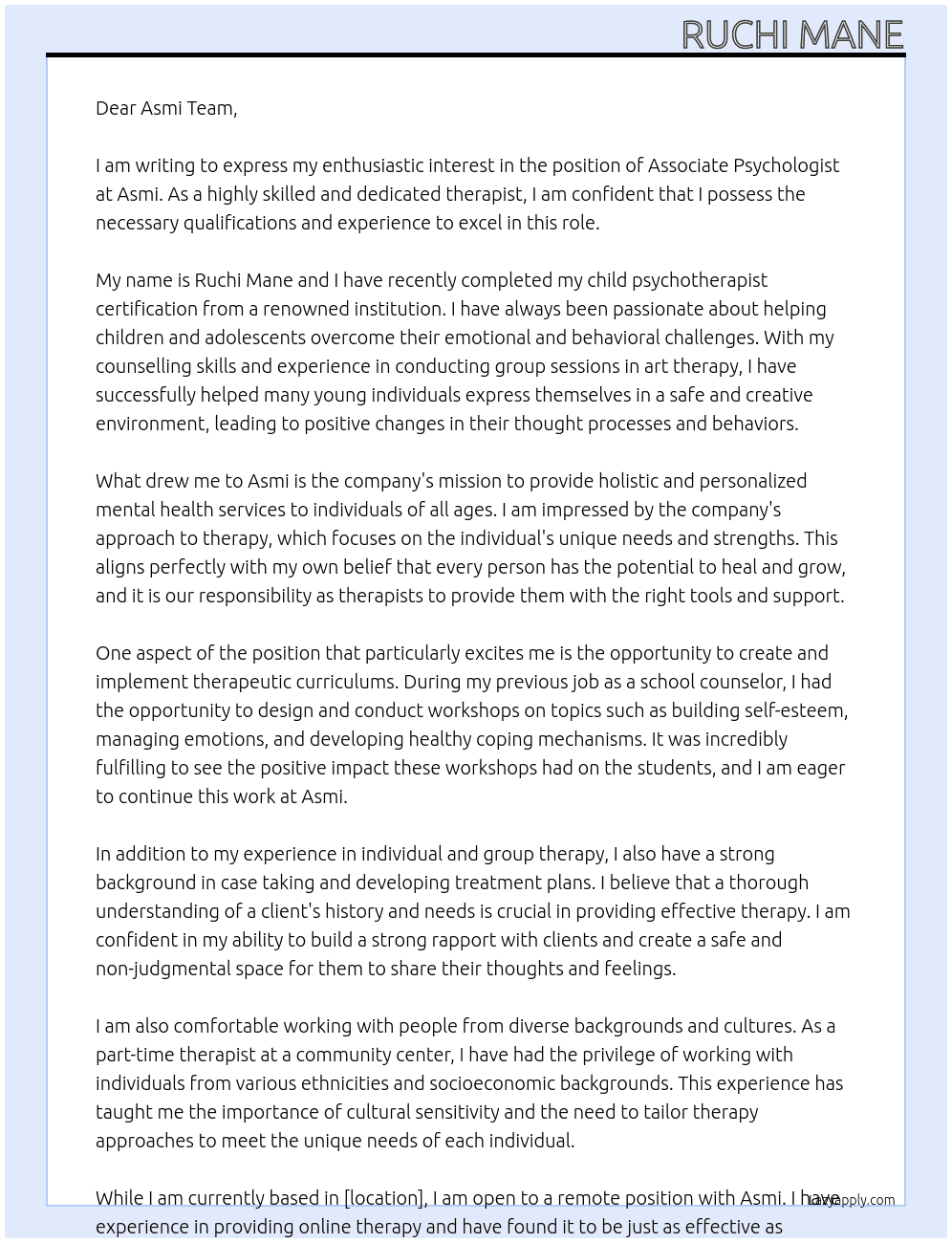 Associate Psychologist At Asmi Cover Letter