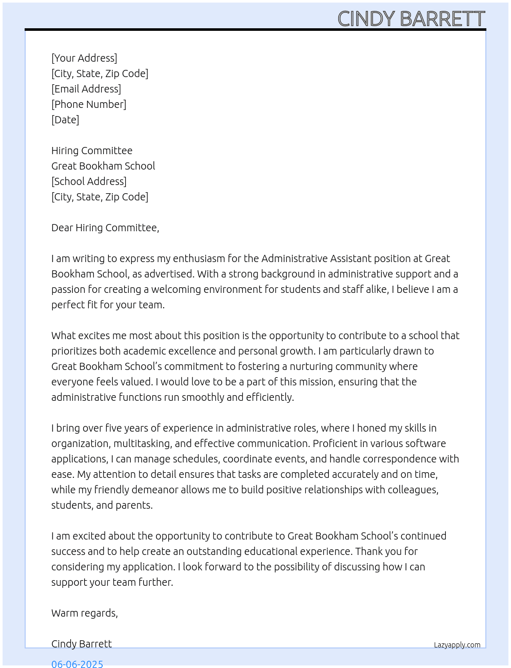Administrative Assistant At  Great Bookham School Cover Letter