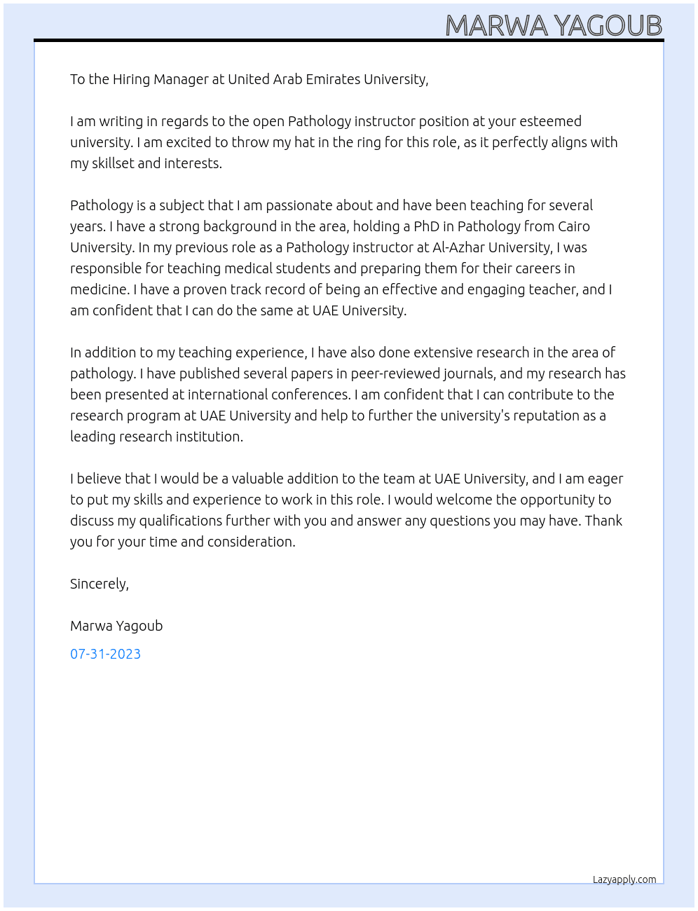 Pathology instructor  At United Arab Emirates University  Cover Letter