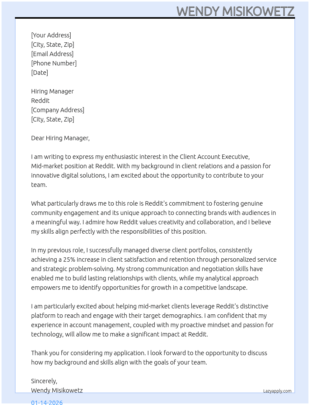 Cover letter for client account executive, mid-market - LazyApply