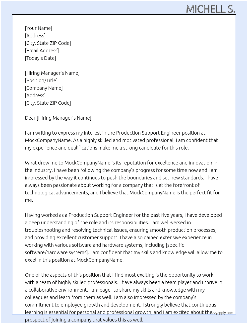 Production Support Engineer At MockCompanyName Cover Letter