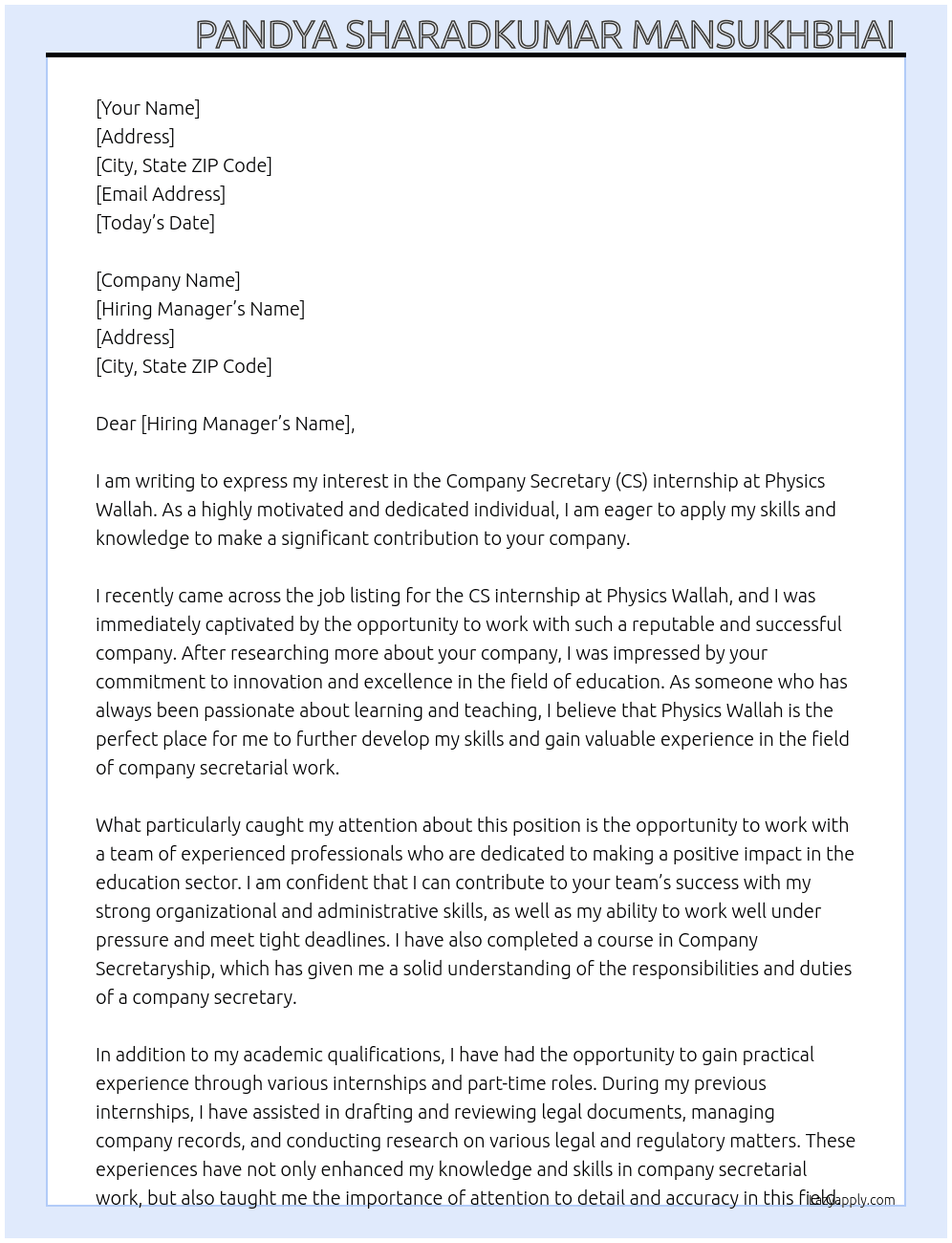 Company Secretary (CS) internship at Physics Wallah At Physics wallah Cover Letter