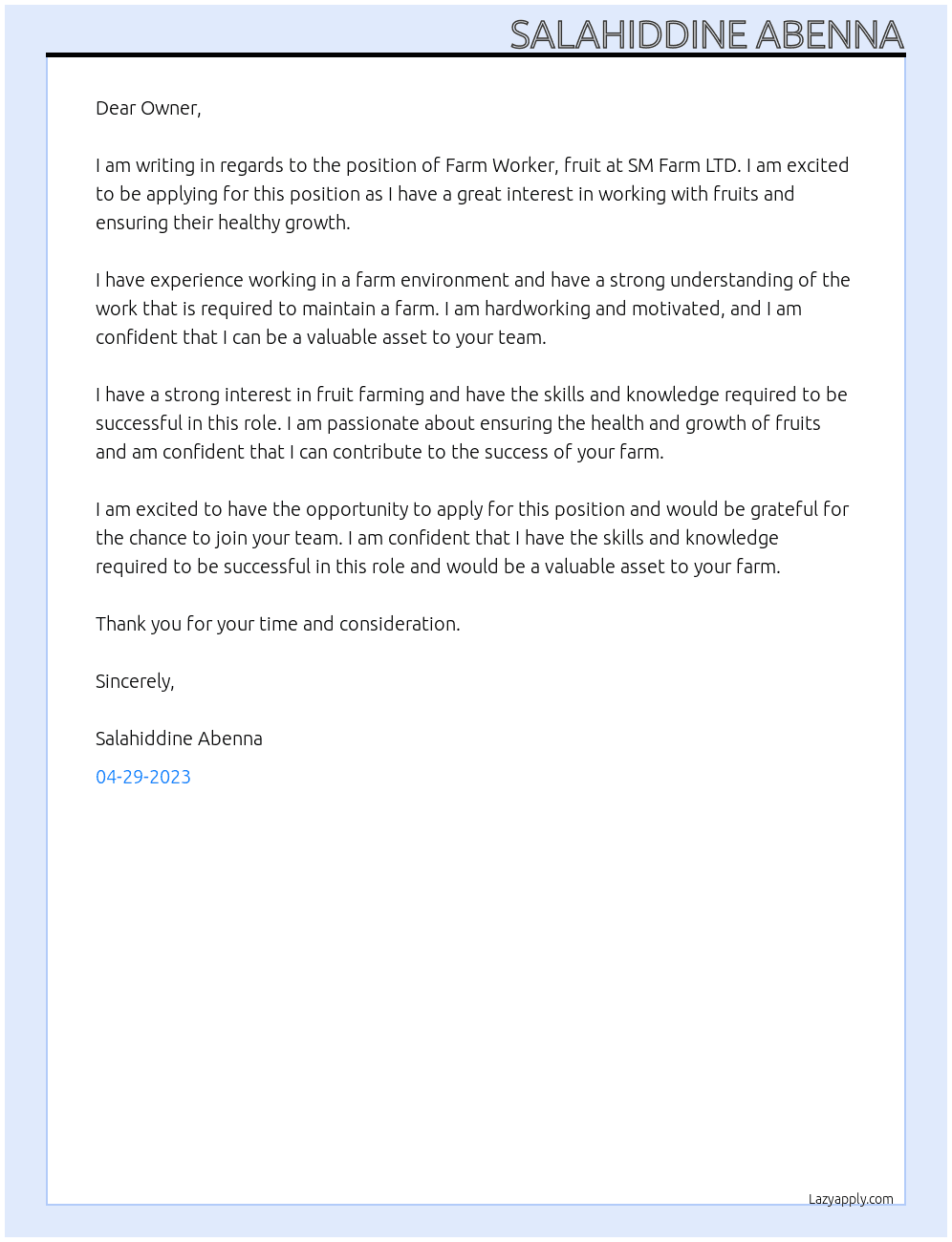 SM Farm LTD. At Farm worker, fruit Cover Letter