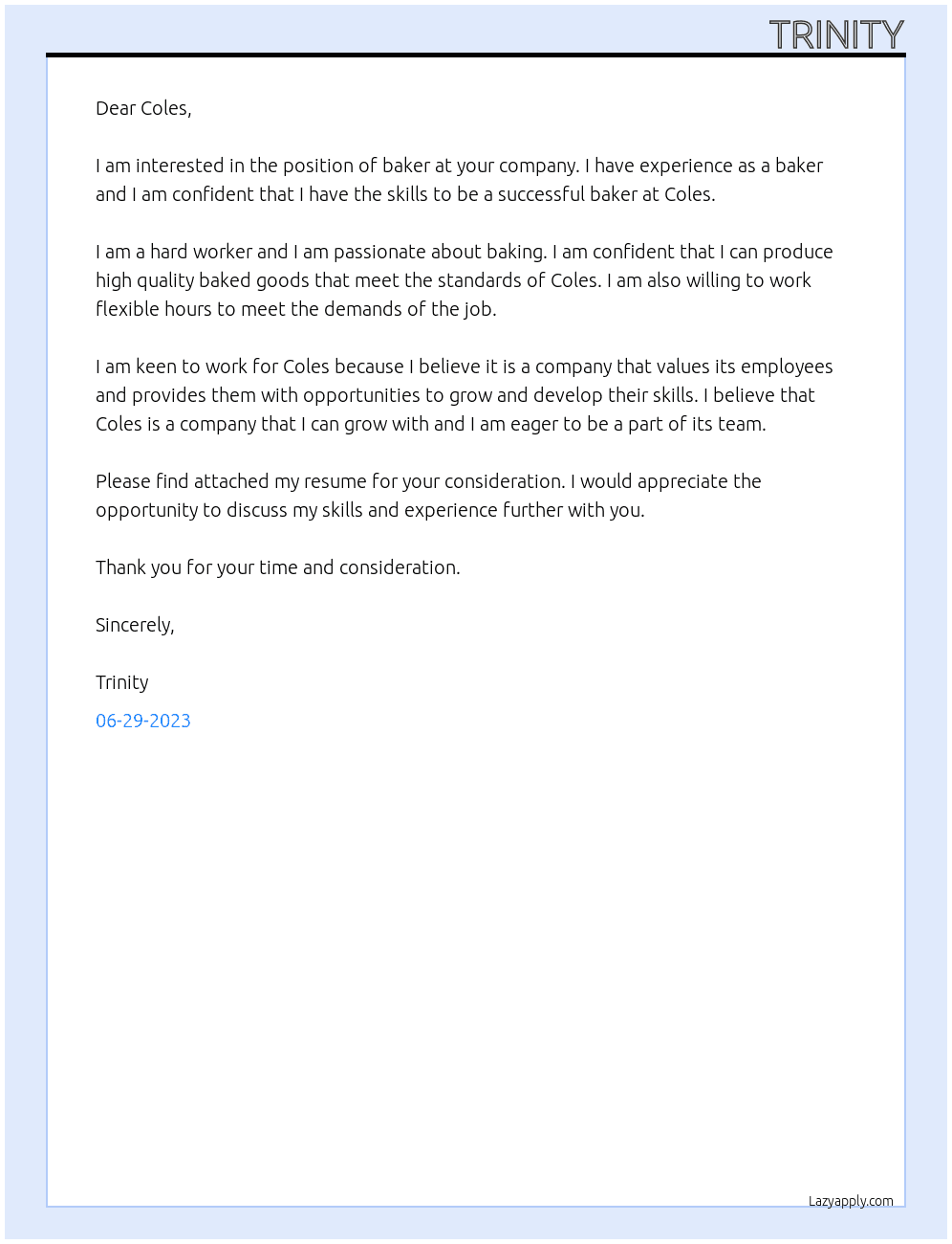 baker At coles Cover Letter