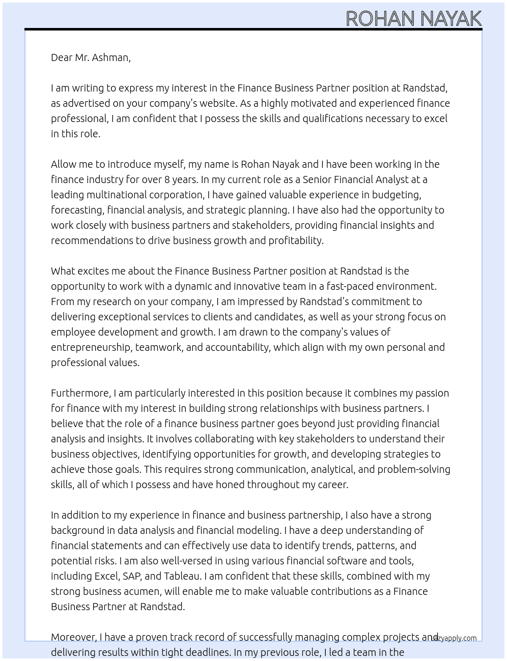 Finance Business Partner At Randstad Cover Letter