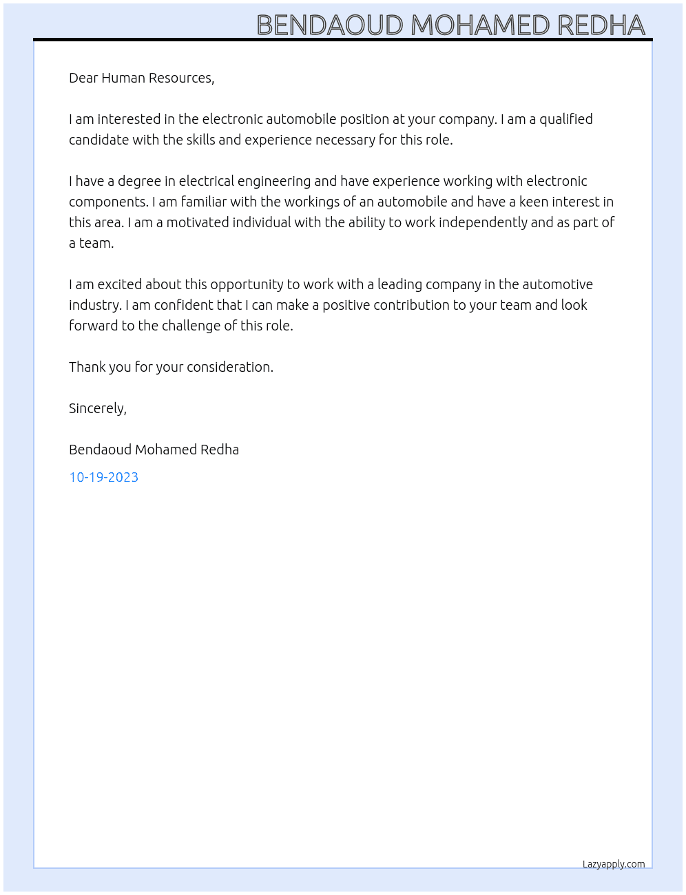 Electronic automobile At Human Resources  Cover Letter