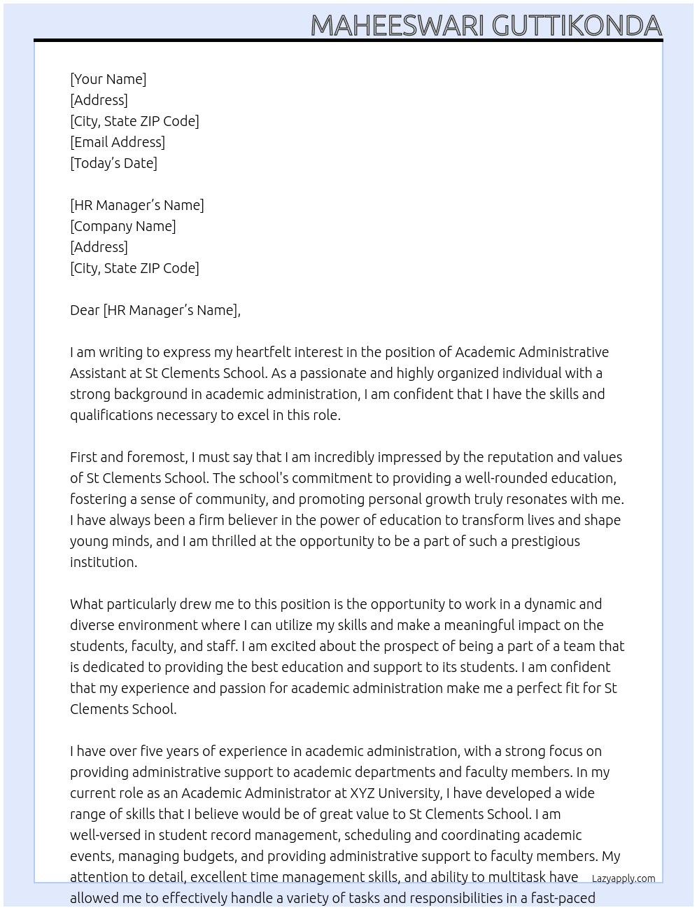 Academic administrative Assistant At St Clements School Cover Letter