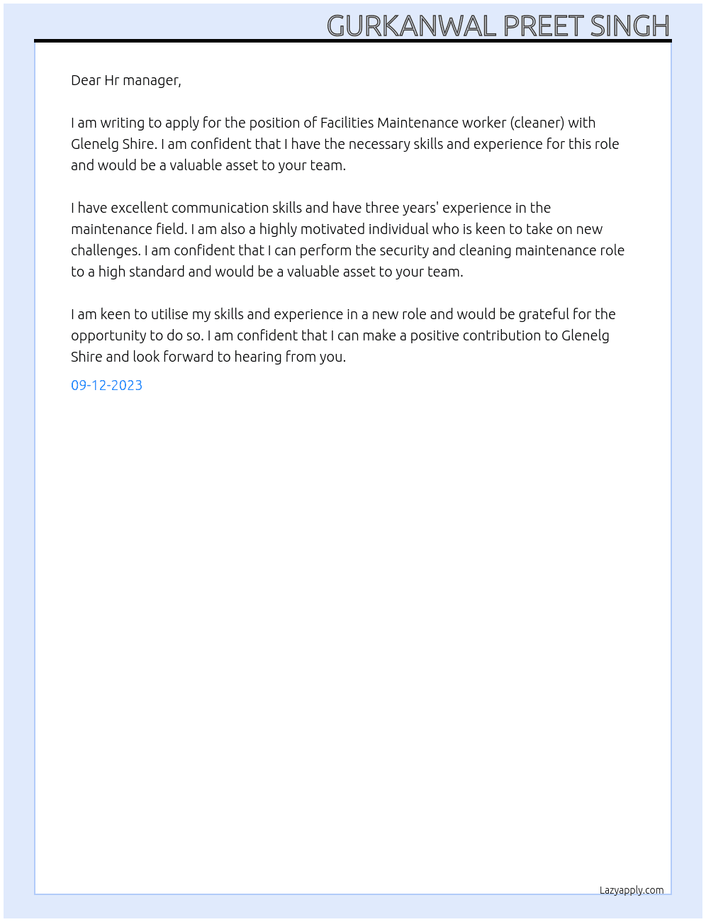 Facilities  Maintenance worker (cleaner) At Glenelg Shire Cover Letter