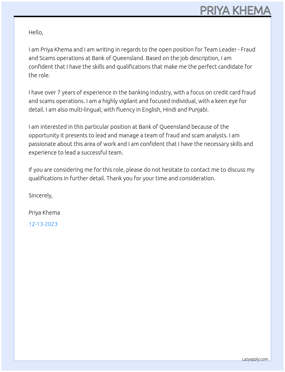 Team Leader - Fraud and Scams operations At Bank of Queensland Cover Letter