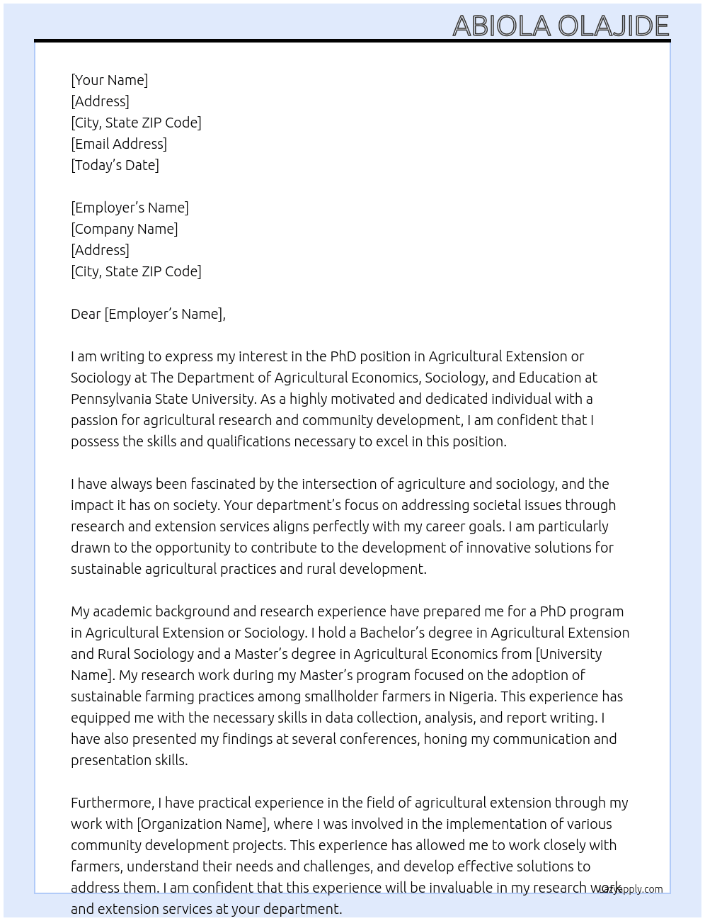 PhD in Agricultural Extension or Sociology At The Department of Agricultural Economics, Sociology, and Education Cover Letter