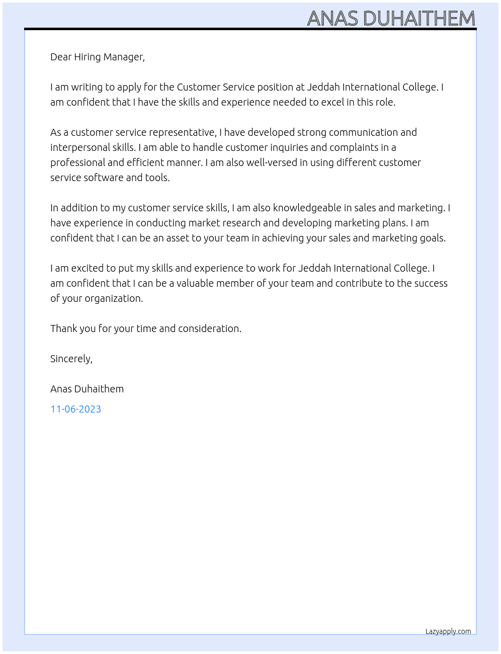 Customer service  At Jeddah International College  Cover Letter
