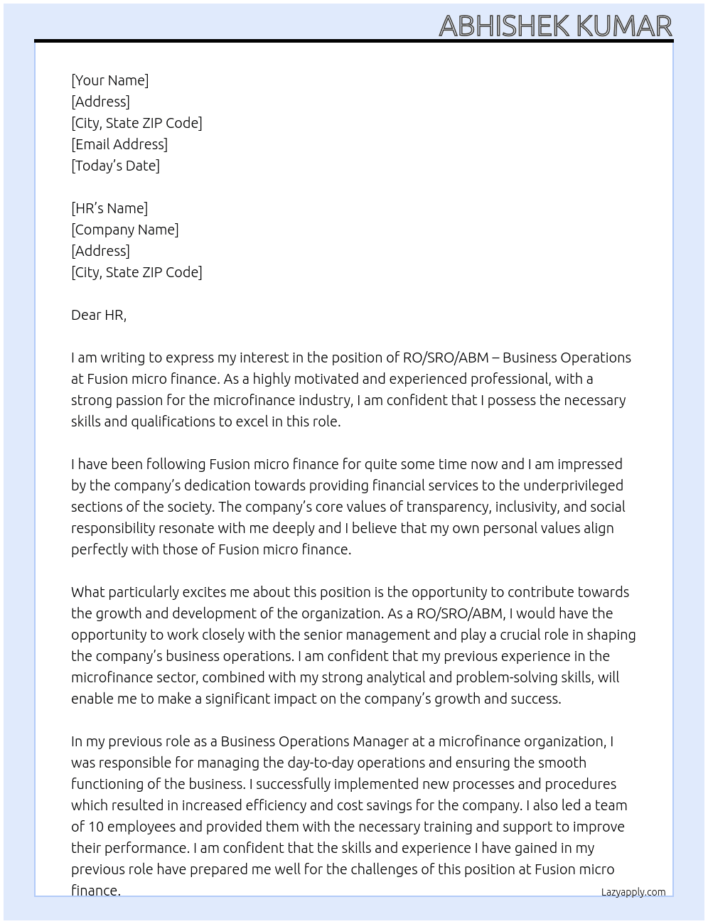 RO/SRO/ABM – Business Operations At Fusion micro finance  Cover Letter
