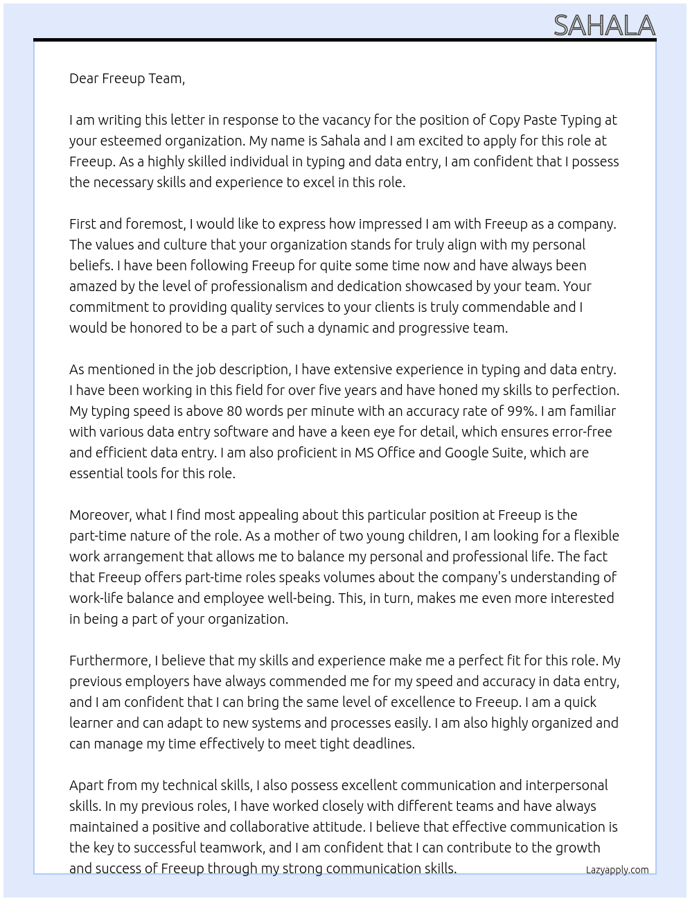 Copy paste typing  At Freeup Cover Letter