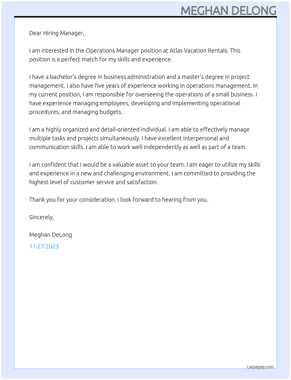 Operations Manager At Atlas Vacation Rentals Cover Letter