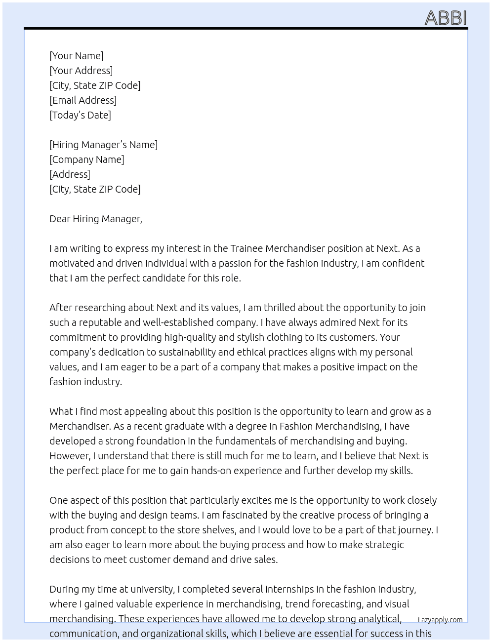 Trainee Merchandiser At Next Cover Letter