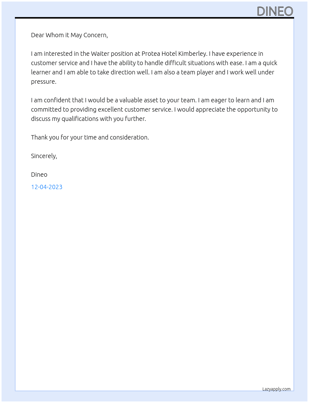 Waiter At Protea Hotel Kimberley Cover Letter