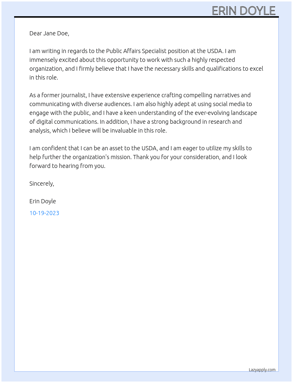 Public Affairs Specialist At USDA Cover Letter