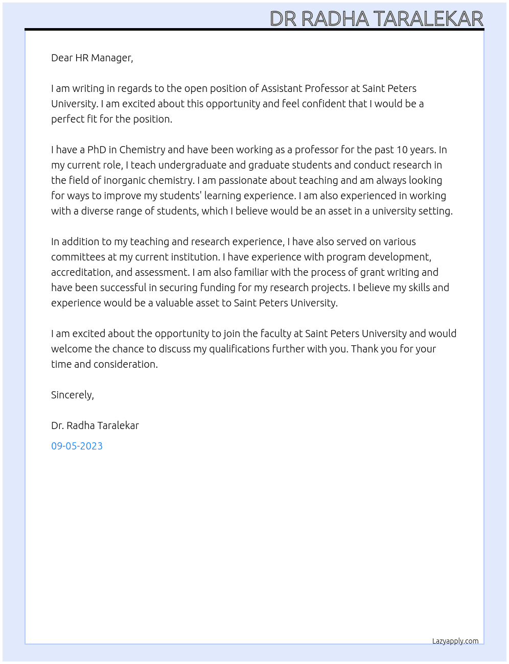 Assistant Professor At Saint Peters University Cover Letter
