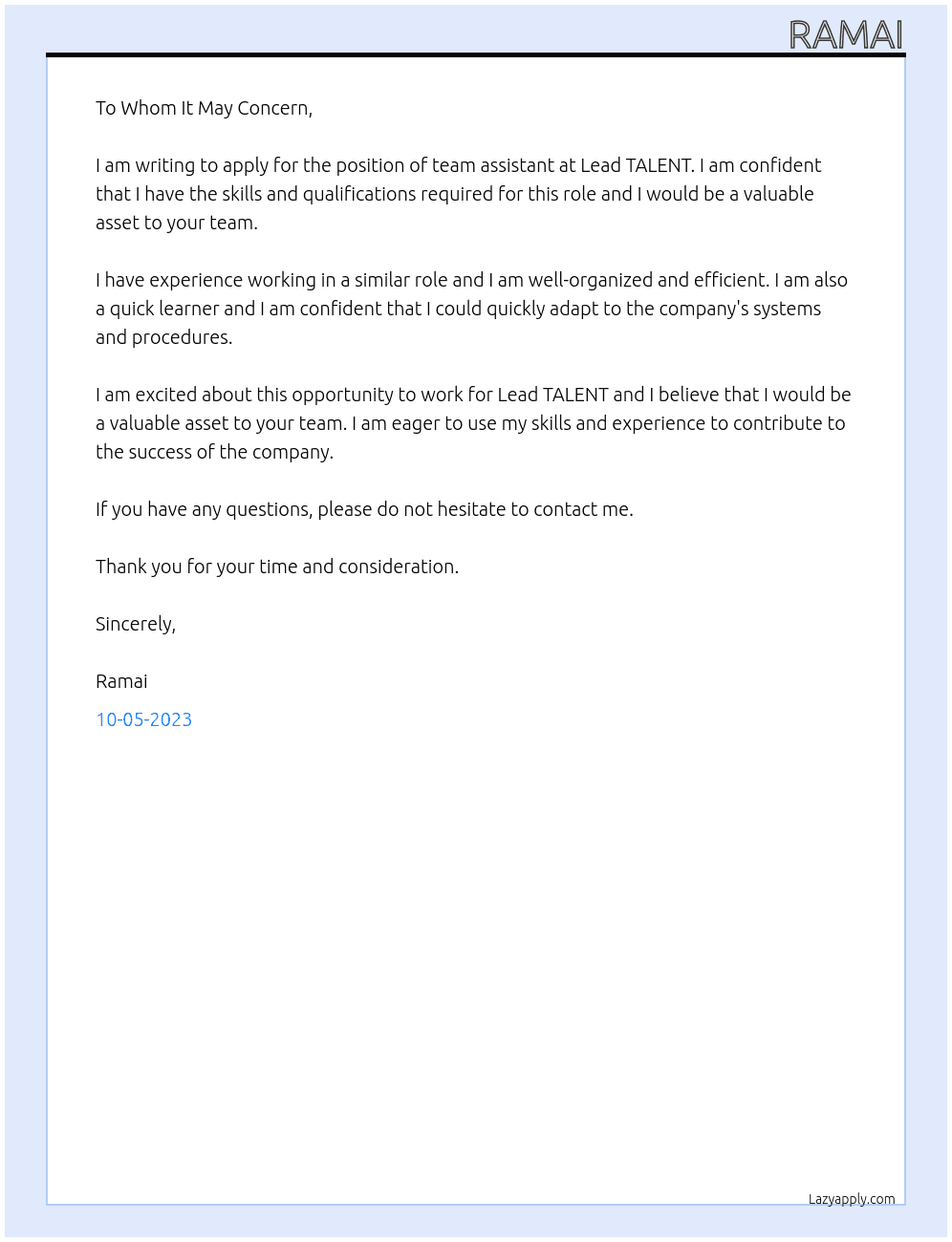 team assistant At Lead TALENT Cover Letter