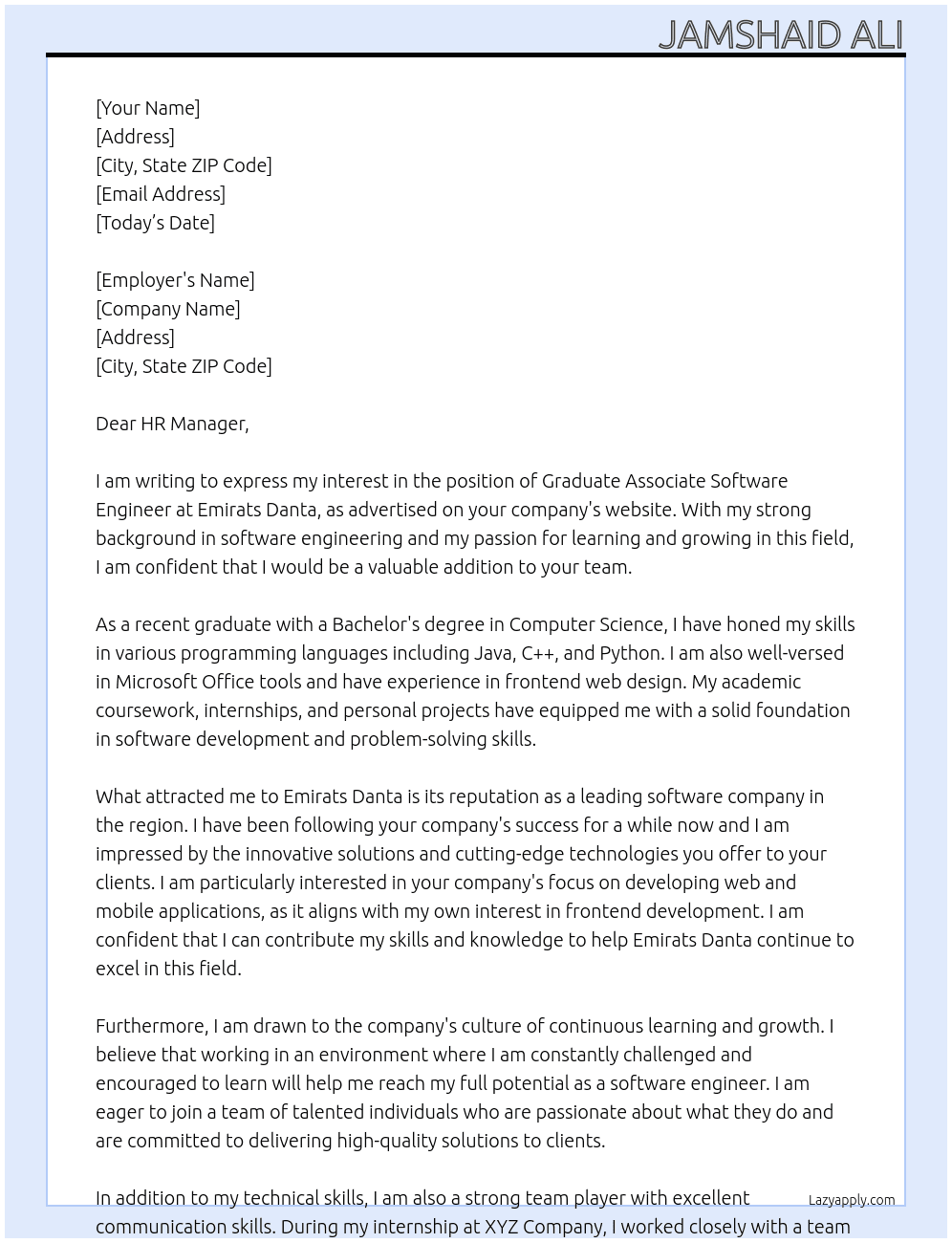 Graduate Associate Software Engineer (Job Number: 240002PJ)  At Emirats Danta Cover Letter