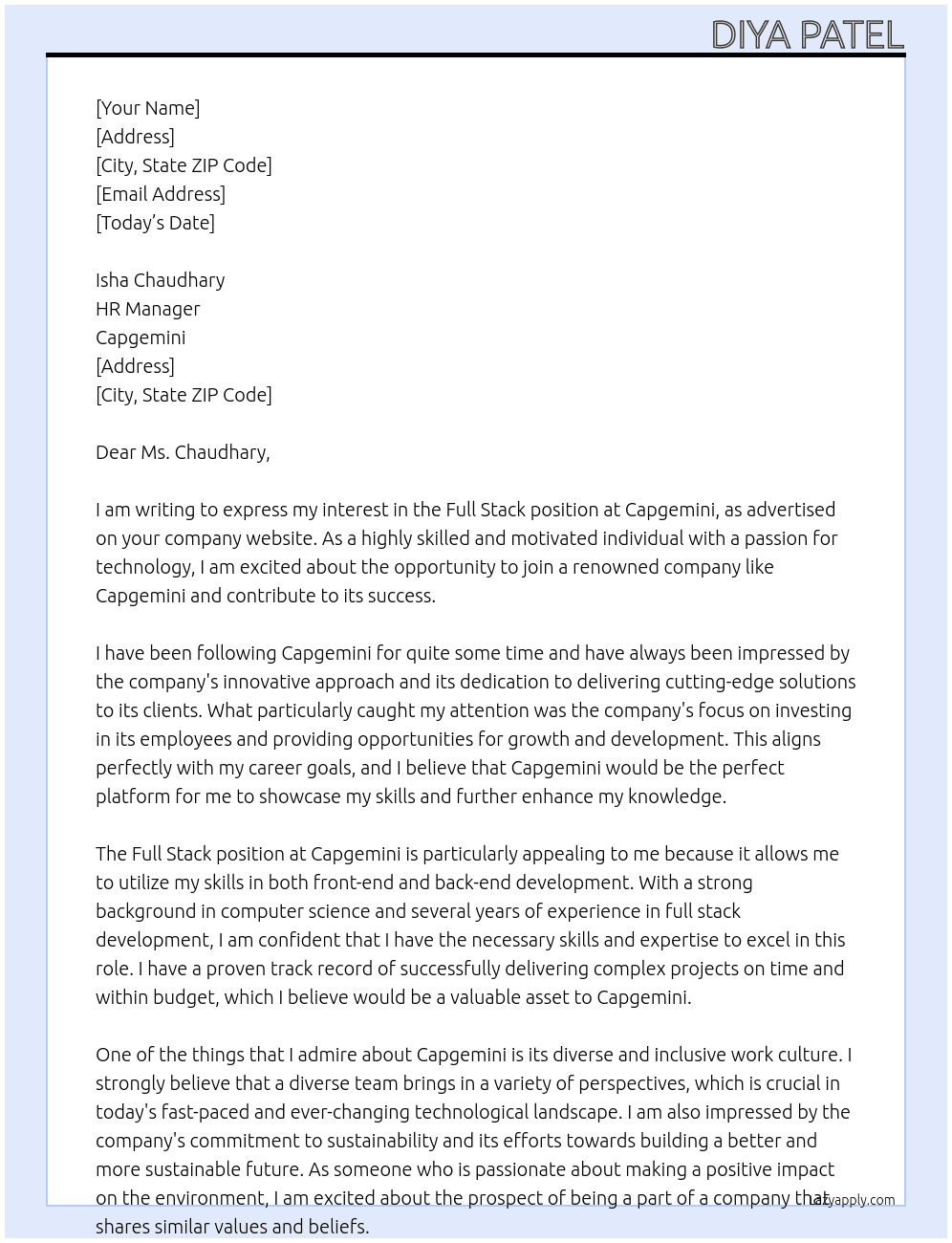full stack  At capgemini Cover Letter
