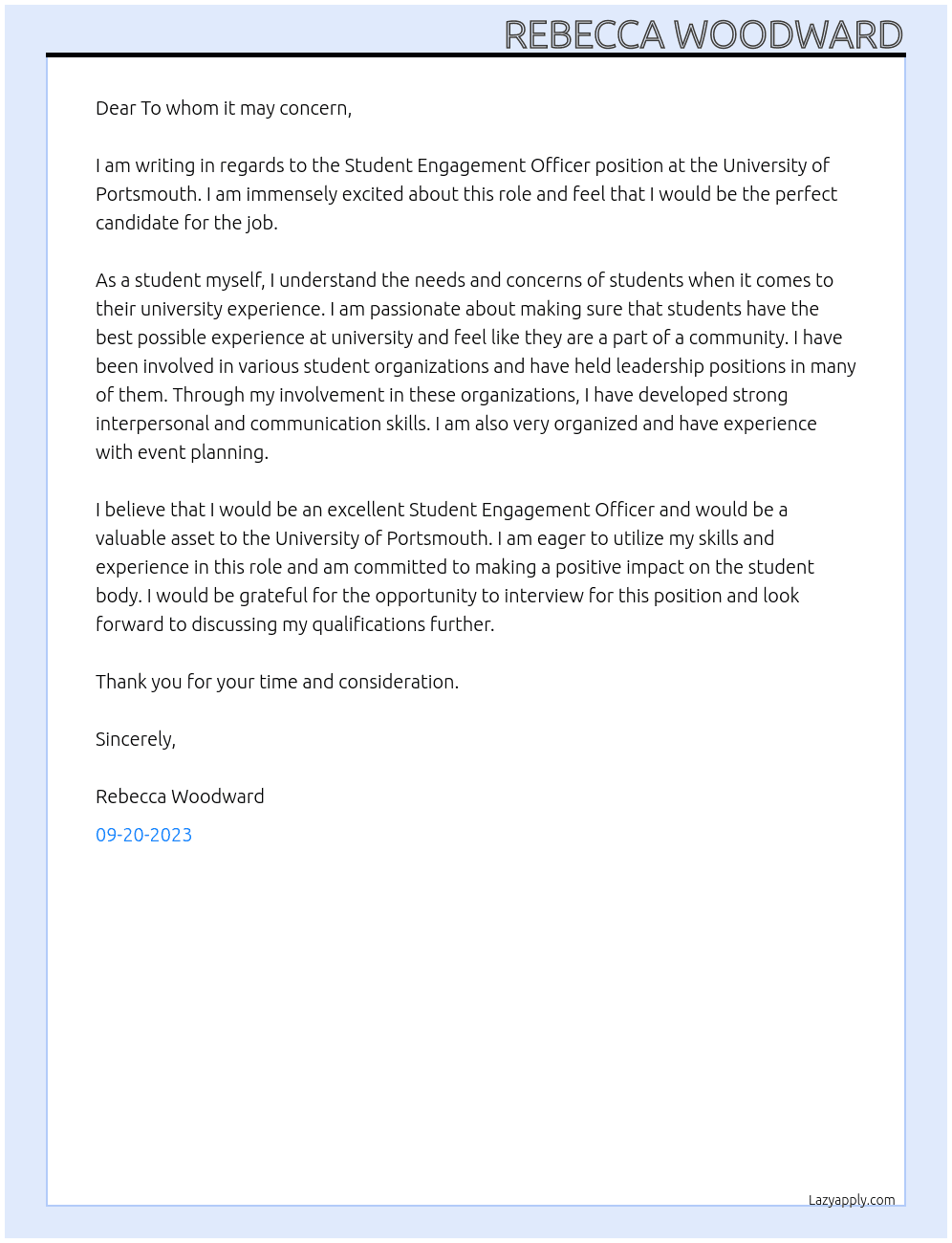 Student Engagement officer At University of Portsmouth Cover Letter