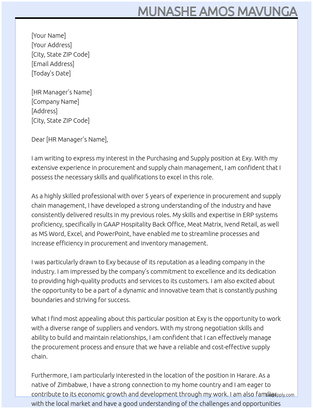 Purchasing and Supply At Exy Cover Letter