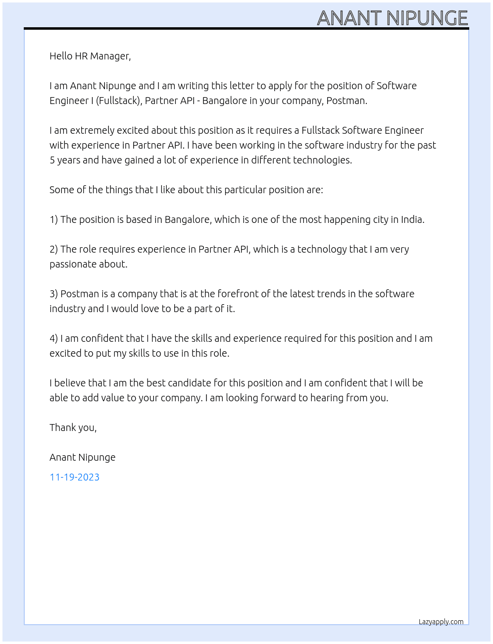 Software Engineer I (Fullstack), Partner API - Bangalore At Postman Cover Letter