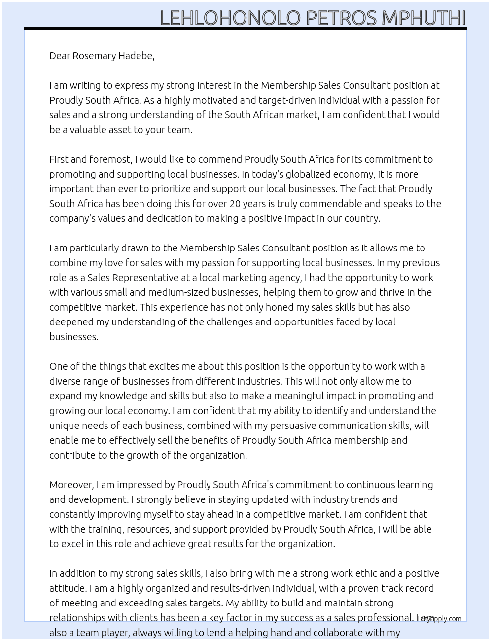 Membership Sales Consultant  At Proudly South Africa  Cover Letter
