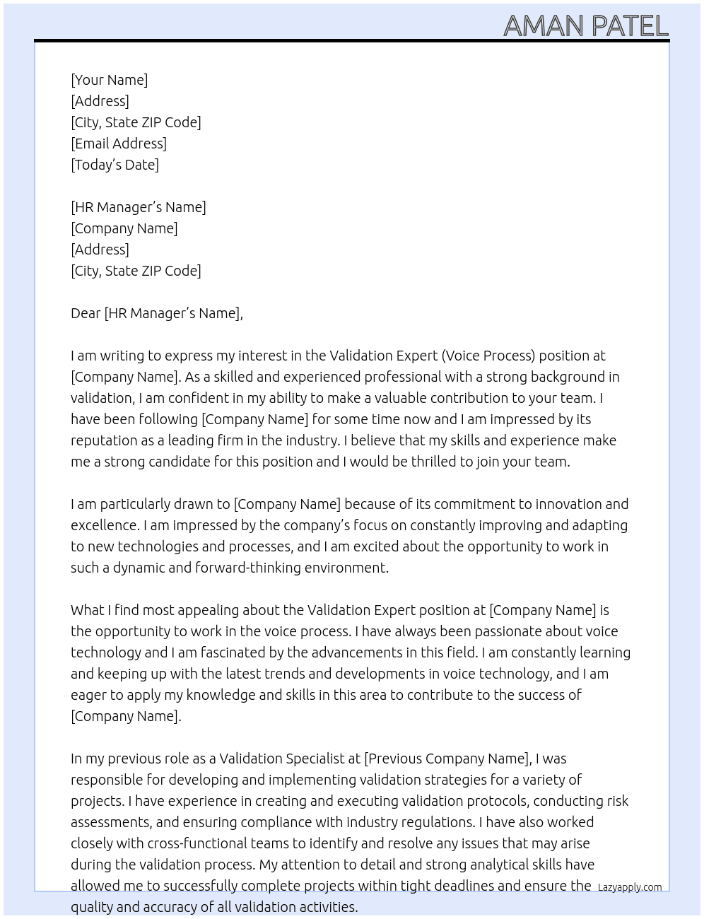 Validation Expert (Voice Process) At apna Cover Letter