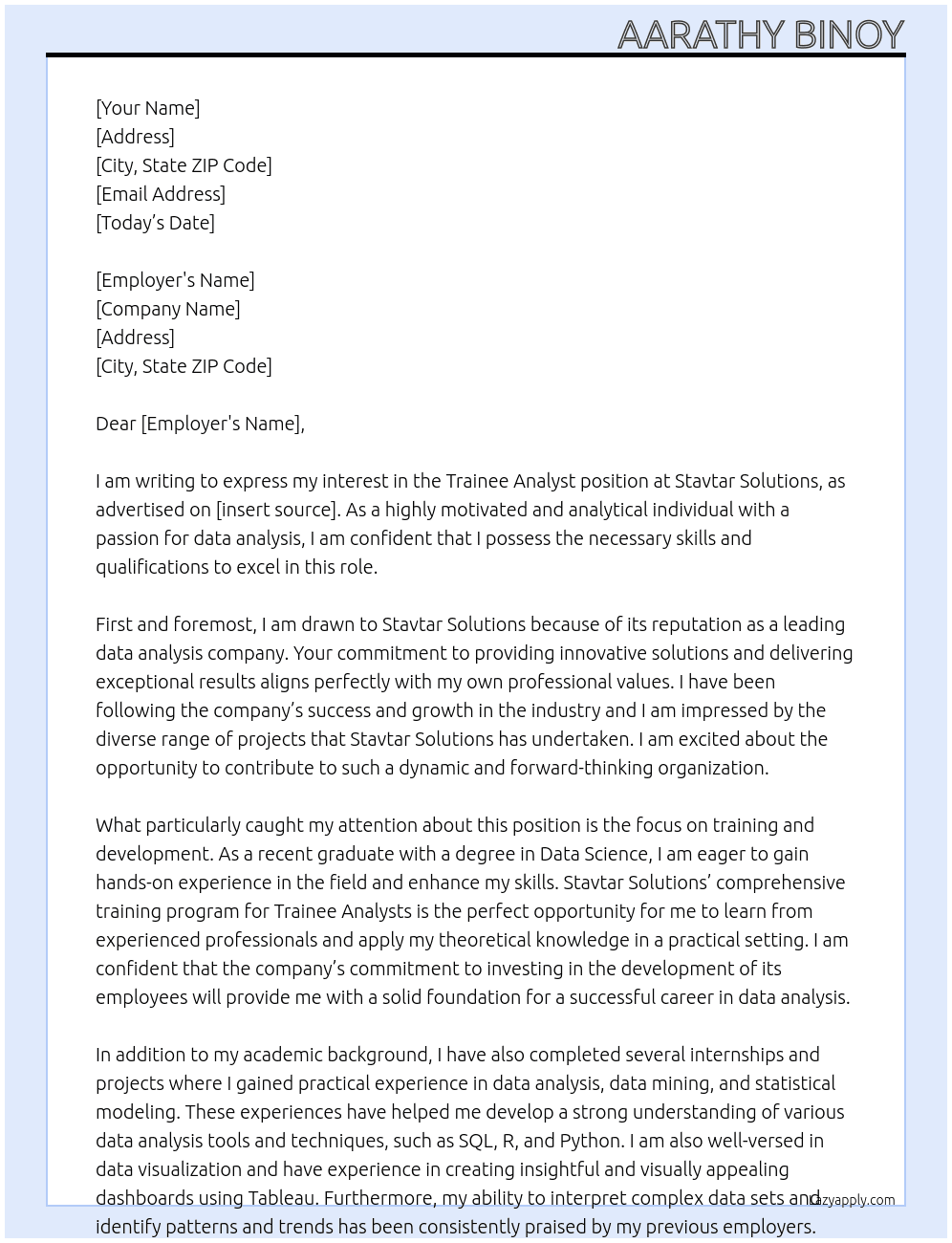 Trainee analyst At Stavtar Solutions Cover Letter